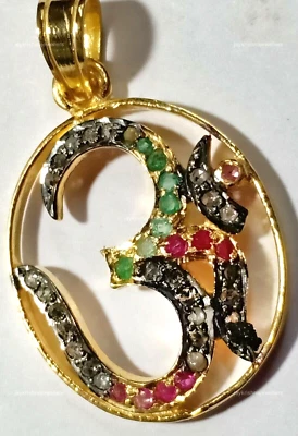 Rubin Mit Smaragd Om Anhänger,925 Silber Scheibe Diamant Hindu Inspiration - Bild 1 von 4