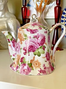 Vintage Royal Danube Floral Teapot Pink Orange Chintz Roses 3 cup Fine China Pot - Picture 1 of 11