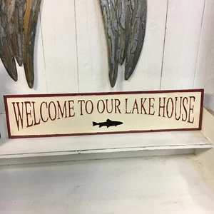 Welcome To Our Lake House Sign Cabin Rustic Metal Enamel Cottage Home Red Fish - Picture 1 of 5