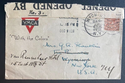 1918 Лондон Англия цензурированная обложка в Вайоминг Нью-Йорк США YMCA конверт - Изображение 1 из 2