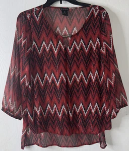 New Direction Women’s Red Multicolor Sheer Casual Lined Blouse Size Medium - Picture 1 of 6