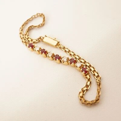 Diamond & Ruby Tennis Bracelet in 14k Yellow Gold w/ Safety Clasp - Free Ship US - Image 1 of 4
