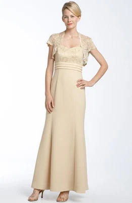 JS Collections Metallic Lace & Crepe Gown with Bolero Sz 16 Beige Banana - Image 1 of 2