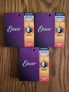 3 SETS Elixir 11052 Nanoweb 80/20 Bronze Light Guitar Strings 12-53 - Picture 1 of 3