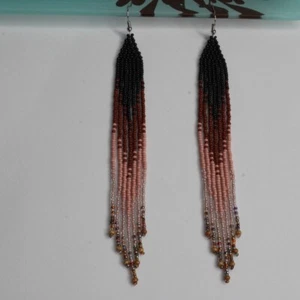 Handmade Seed Beaded Earrings Black Brown Long Beaded Earrings 5.5” Long - Picture 1 of 6