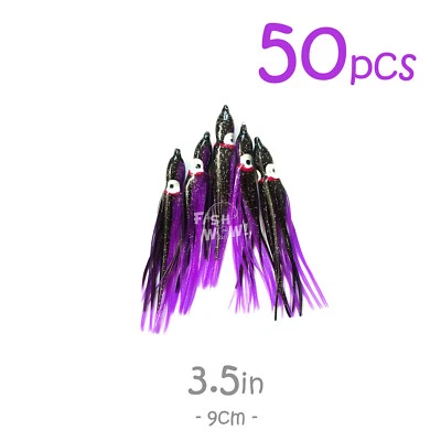 50pcs Fish WOW!® Purple 3.5" Squid Skirt Hoochies Octopus Trolling Soft Lure 9cm