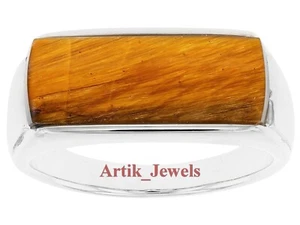 Natural Tiger's Eye Gemstone With 14K White Gold Plated Silver Ring for Men's #7 - Picture 1 of 12