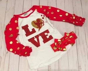 Valentine's Day Red Gold Cupid Love Ruffle Raglan with Headband 12-24 Months - Picture 1 of 1
