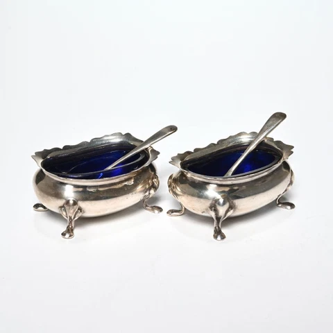 Two (2) English Sterling Silver Salt Cellars Blue Glass Liners & Sterling Spoons Cover