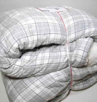 Pottery Barn Kids Holiday Pale Gray Plaid Sherpa Full Queen Comforter New - Image 1 of 4