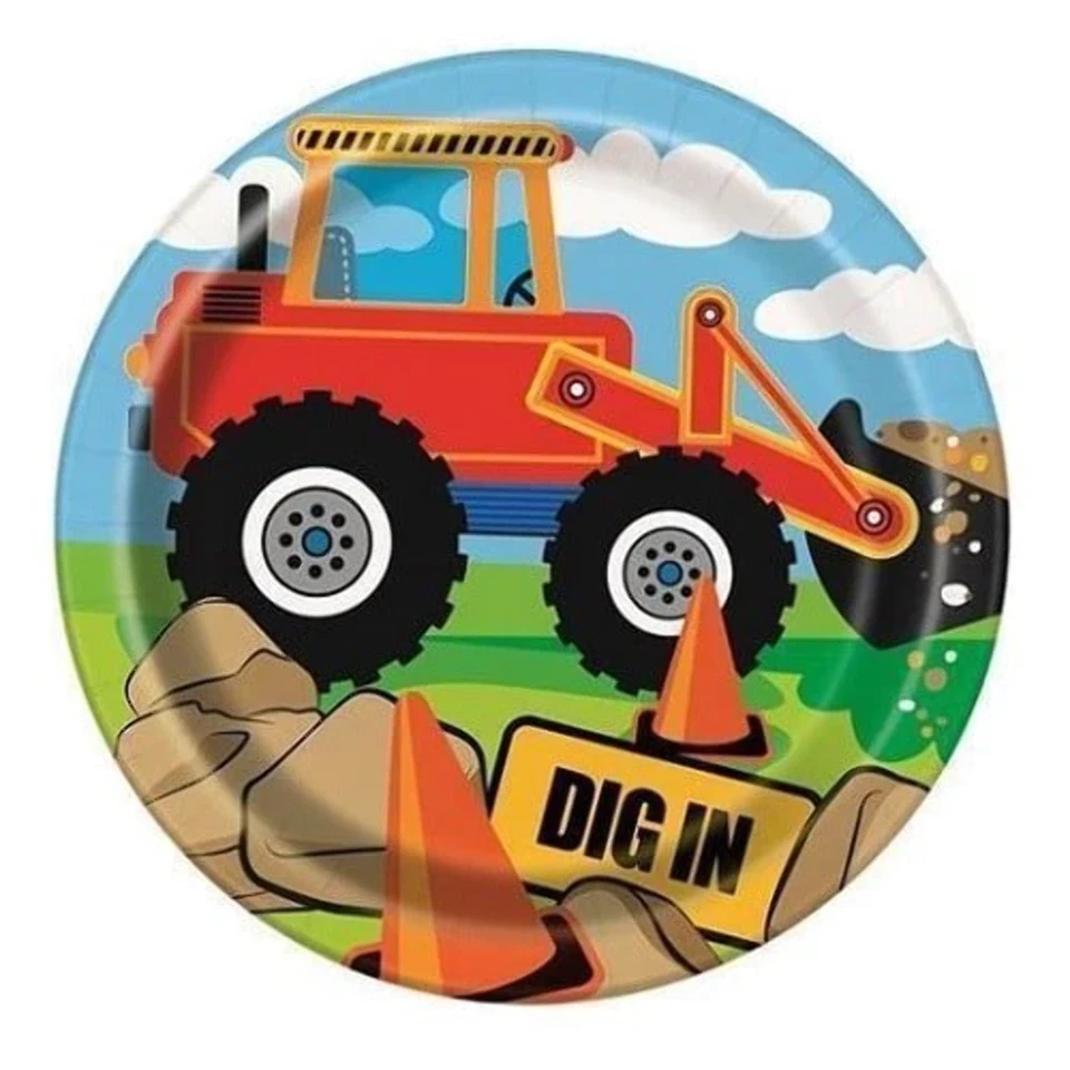 18cm Construction Party Plates 8ct. Unique Industries. Delivery