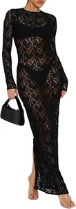 Abito Lungo Donna Vestito Trasparente Donna Abito Elegante Manica Lunga Abito in - Foto 1 di 12