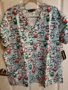 Cassandra O Scrubs Cute Penguin Womens Size 2X Scrub Top Merry Christmas Holiday - Picture 1 of 2