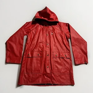 VTG 80s Red PVC Rain Slicker Fisherman Coat Horse Lining Equestrian Mod Punk - Picture 1 of 11