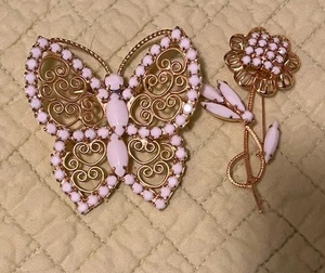 Butterfly & Flower White Rhinestone  Gold Tone Filigree Brooch Pin Vintage Lot 2 - Picture 1 of 7