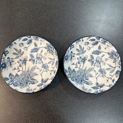 Ceramic Cat Dishes  Cute Cat Bowl Set of 2- Wide, Shallow,  blue floral print - Image 1 of 4