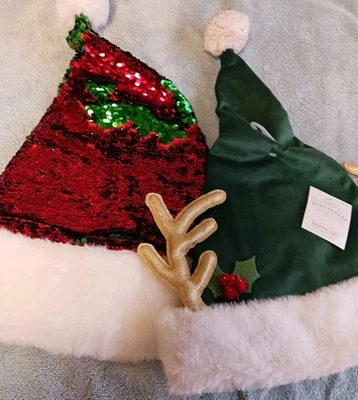 Chapéus de Natal de Papai Noel adultos. Rena de pelúcia de veludo com lantejoulas vermelhas. Lote de 2. Novo - Imagem 1 de 4