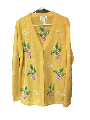 Quacker Factory Women's Embroidered Floral Sweater Sz L Yellow Cottagecore - Image 1 of 4