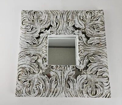 Decorative Whitewash Distressed Mirror Carved Wood Style Wall Vanity Room Decor - Image 1 of 4