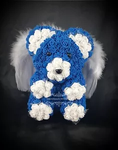 Personalised Angel Wings Navy & White Rose Teddy Bear Baby Memorial Graveside - Picture 1 of 23