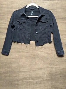 Wonder Nation Girls Size M 7-8 Black Cropped Raw Hem Denim Jean Jacket - Picture 1 of 8
