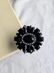 Vintage Black Acrylic And Rhinestone Flower Clapper Cuff Bracelet - Picture 1 of 8