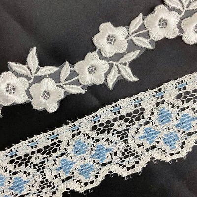 Sewing trim lot white embroidered floral & vintage blue off white lace 6 yards - Image 1 of 4