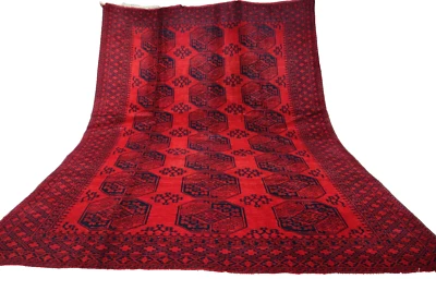 6x9 Elephant Foot Rug – Tribal Carpet – Classic Red & Burgundy Bokhara Design. - Image 1 of 4