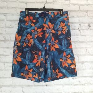 Speedo Swim Trunks Mens Small Blue Orange Floral Drawstring Swimwear Tropical