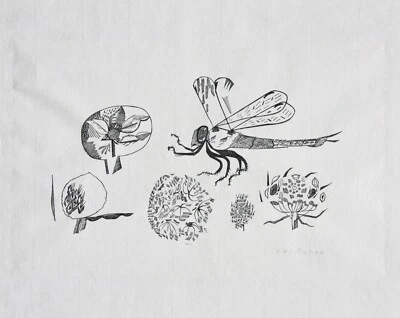 Otto Rohse (1925-2016), signierter Holzstich, Fliege, Insekt mit Blüten, um 1960 - Bild 1 von 4