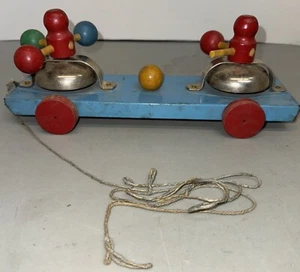 Antique Vintage Gong Bell Pull Toy Steel Metal & Wood Mechanical Spin 14" x 5" - Picture 1 of 17