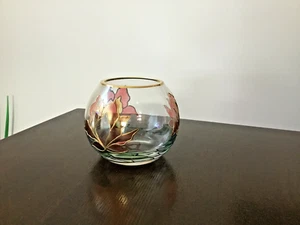 Jarrón de vitral rosa flores rojas cristal floral adorno dorado - Imagen 1 de 9