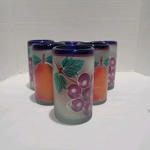Mexican Hand Blown Frosted Glass tumbler Hand Painted Mixed Fruit Sangria Thick - Picture 1 of 18