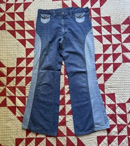 Vintage 60s 70s Wrangler Bell Bottom Jeans Snap Pocket Hippy Blue Bell 34x31" - Picture 1 of 10