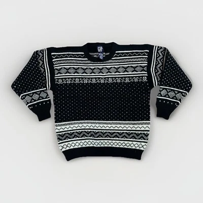 Suéter de Lana XL Nórdico Fair Isle Años 90 GAP Niñas Negro Blanco Invierno GUC Y2K De Colección Foto 1 de 4