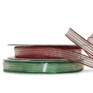 50 Yards Christmas Metallic Red Green Sheer Striped Ribbon 3/8"W - Picture 1 of 1