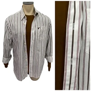 American Eagle Shirt Mens Large Brown Pink Stripe Button Up Work Office Preppy - Picture 1 of 13