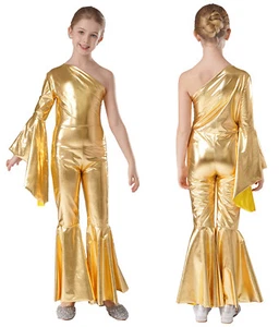 Kids Girls Dance Leotard 1Psc Romper Wide Leg Shiny Bodysuit Full Body Costume - Picture 1 of 79