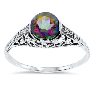 MYSTIC RAINBOW QUARTZ 925 STERLING SILVER VICTORIAN STYLE SOLITAIRE RING    #060 - Image 1 of 3
