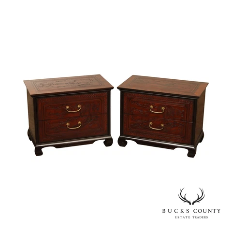 Drexel Heritage 'Conoisseur' Pair of Carved Mahogany Nightstands Cover