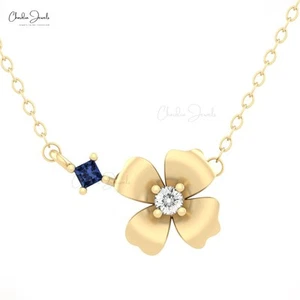 Diamond Wedding Necklace For Bridal 2mm Square Blue Sapphire 14k Gold Necklace - Picture 1 of 22