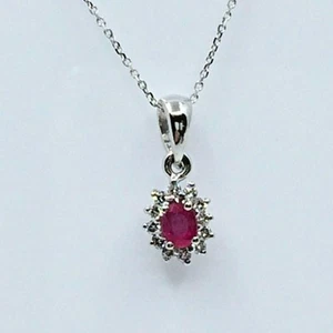 18k solid white gold halo pendant | natural oval ruby & round white diamonds - Picture 1 of 7