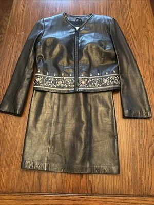 Vestido de cuero y chaqueta recortada de colección Michael Hoban North Beach talla 10 usado en excelente estado (usado 1 X) Foto 1 de 4