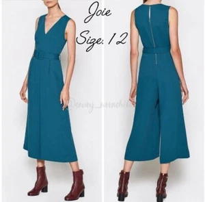 $398 NWT • Joie • Wide Leg Belted Teal Blue Pocket Zip Jumpsuit V-Neck Size 12 - Picture 1 of 12