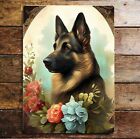 German Shepard Dog Flowers Portrait Metal Sign Plaque