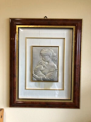 quadro sacro bassorilievo su lastra d'argento 925 Madonna con Bambino - Immagine 1 di 4