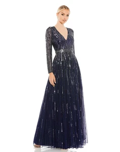Mac Duggal Sequin & Bead V-Neck Illusion Sleeve A-Line Mesh Gown 8 Navy 4977 - Picture 1 of 6
