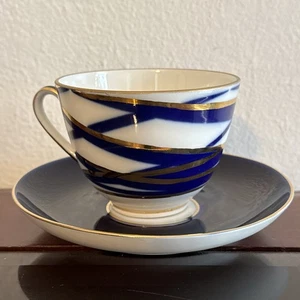 Lomonosov Imperial Porcelain Cup & Saucer Cobalt Blue Gold Lines - Picture 1 of 4