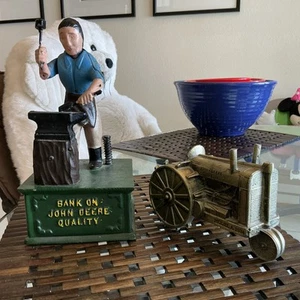 2 CAST IRON JOHN DEERE BANKS Mechanical Blacksmith AND MODEL A-1993 TRACTOR - Picture 1 of 17