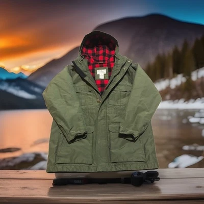LL Bean Baxter State Parka verde e vermelho forro de lã preto GG capuz anos 90 zíper completo - Imagem 1 de 4